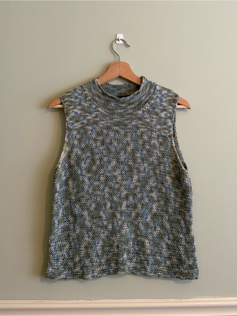 Sigrid Olsen Sleeveless Mock Neck Knit Linen Tank in Blue-Green Marled